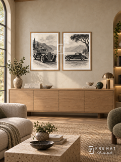 Monochrome Heritage — set of two cars artworks in Wooden Texture frames.
