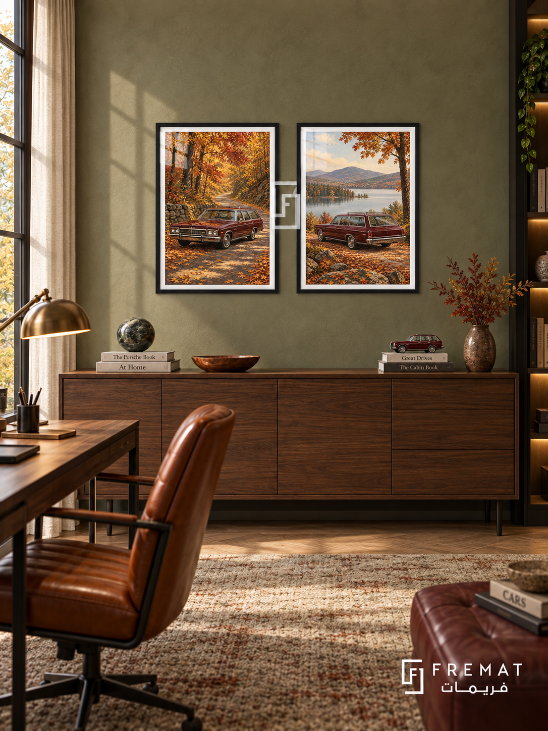 Autumn Wagon — set of two cars artworks in Black frames.