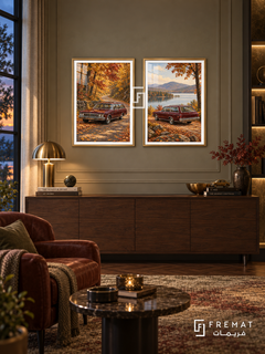 Autumn Wagon — set of two cars artworks in Gold frames.