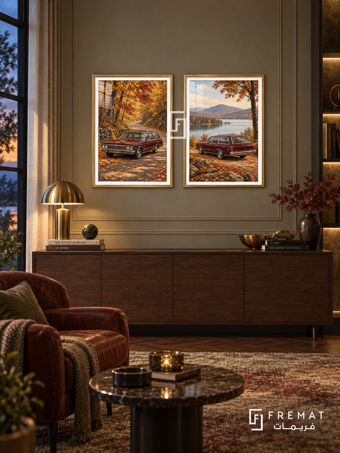Autumn Wagon — set of two cars artworks in Gold frames.