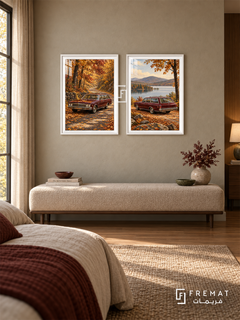 Autumn Wagon — set of two cars artworks in White frames.