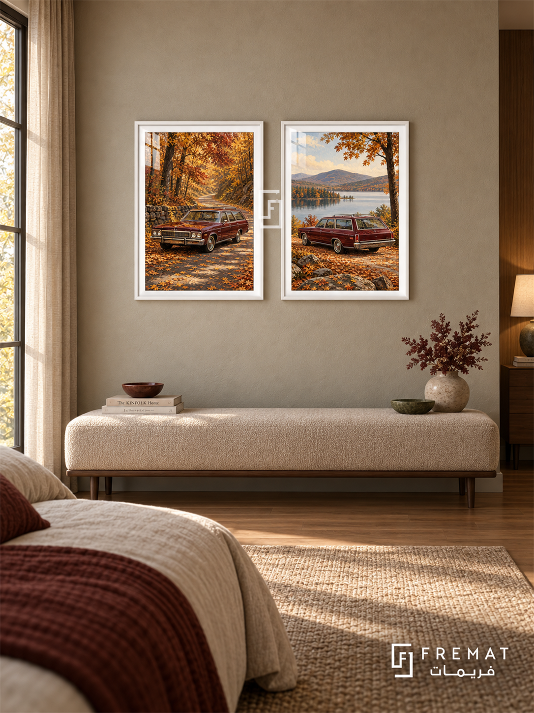 Autumn Wagon — set of two cars artworks in White frames.
