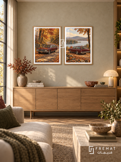 Autumn Wagon — set of two cars artworks in Wooden Texture frames.