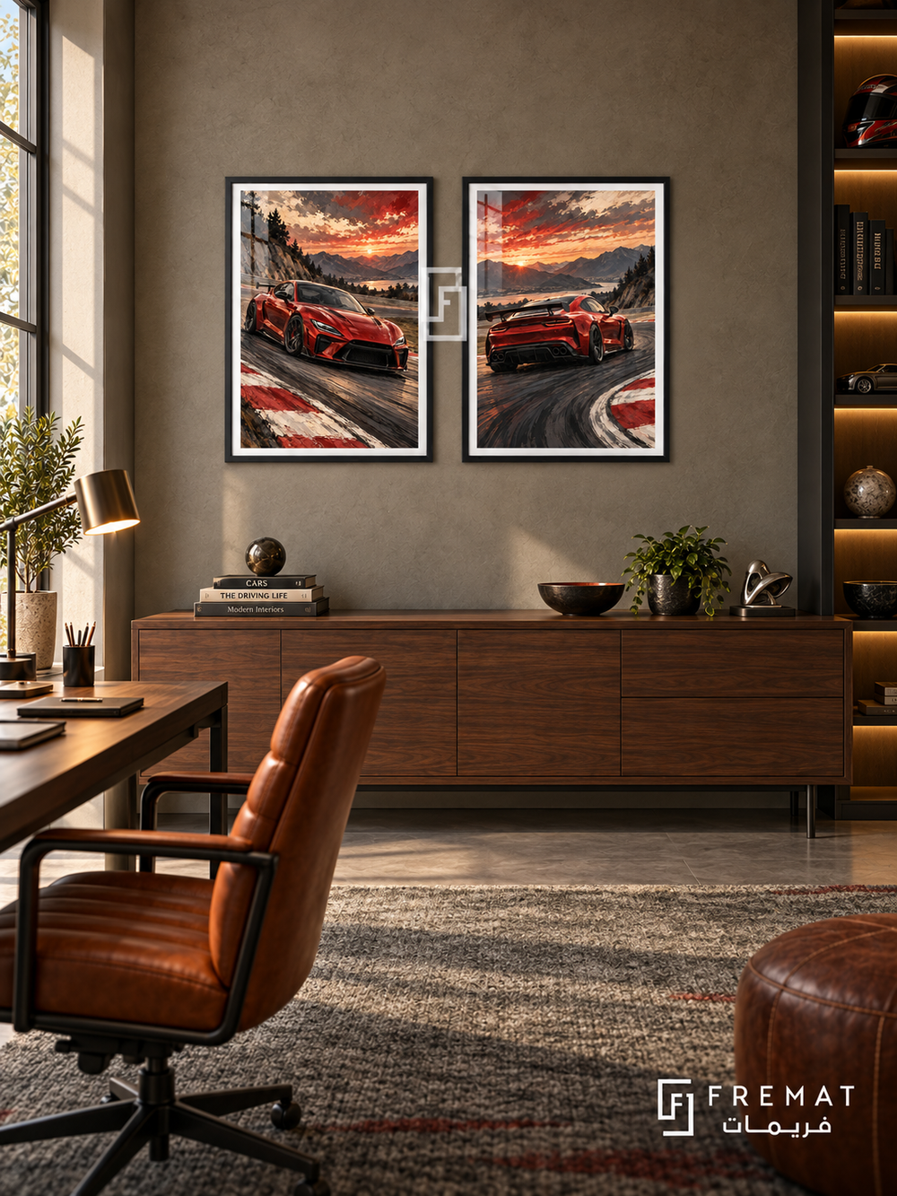 Track Day — set of two cars artworks in Black frames.