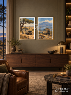 Safari Explorer — set of two cars artworks in Gold frames.
