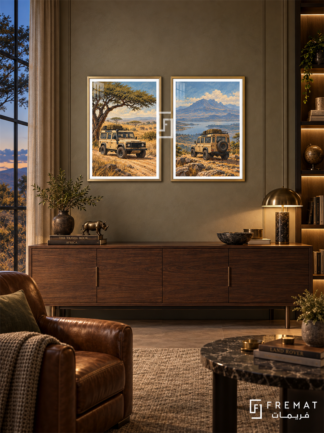 Safari Explorer — set of two cars artworks in Gold frames.