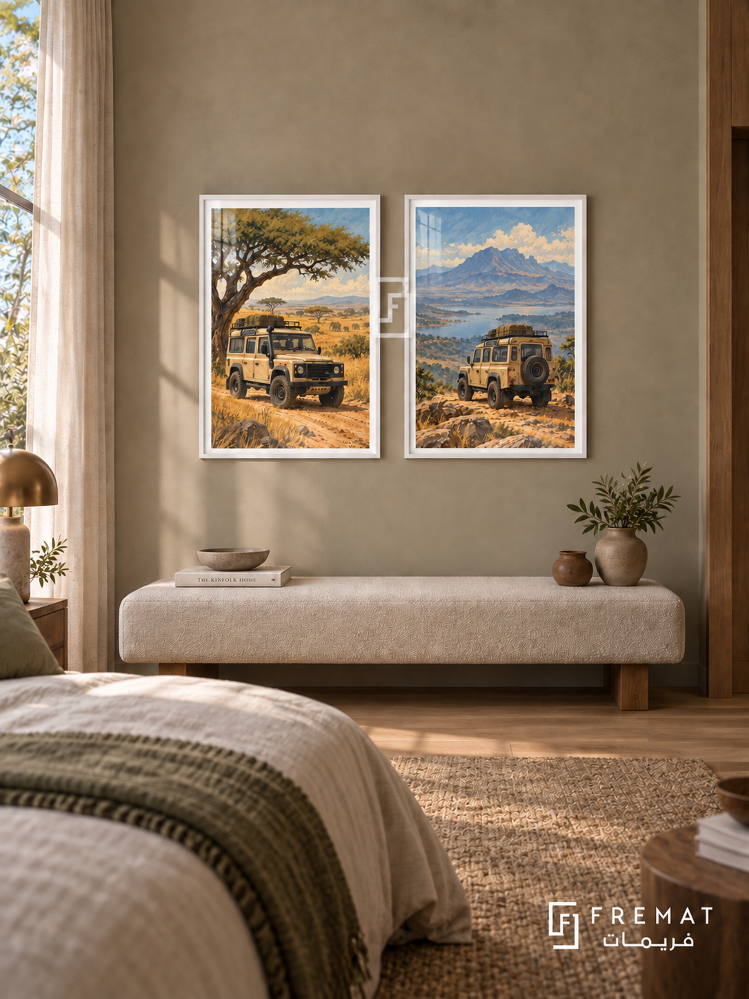Safari Explorer — set of two cars artworks in White frames.