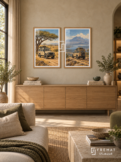 Safari Explorer — set of two cars artworks in Wooden Texture frames.