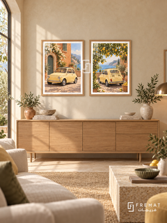 Italian Summer — set of two cars artworks in Wooden Texture frames.
