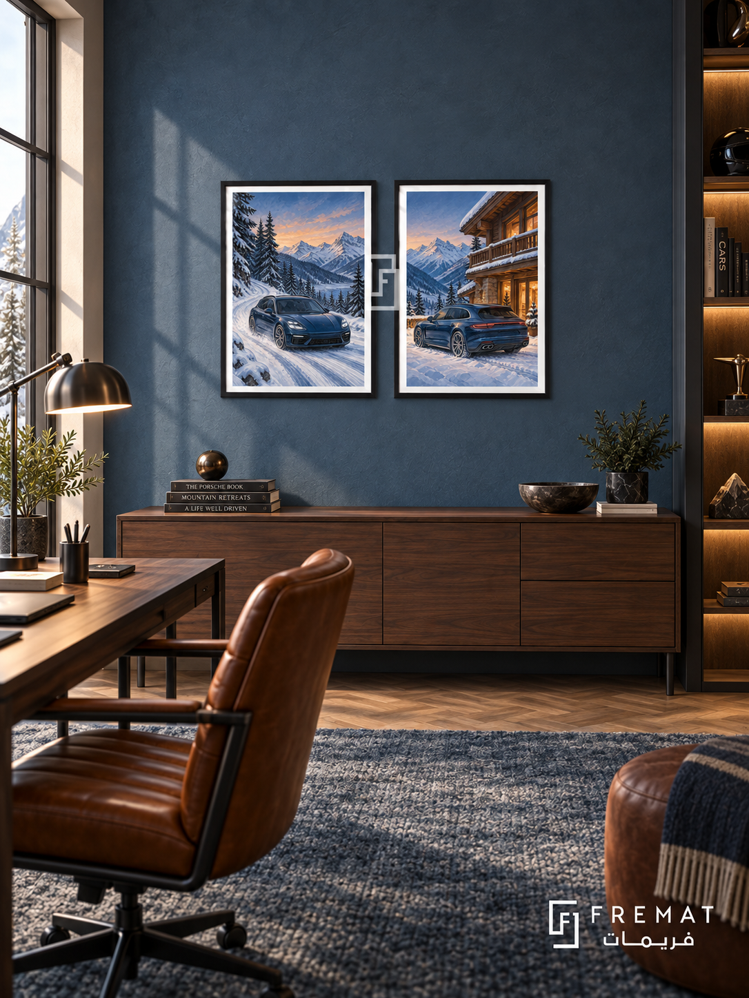 Winter Drive — set of two cars artworks in Black frames.