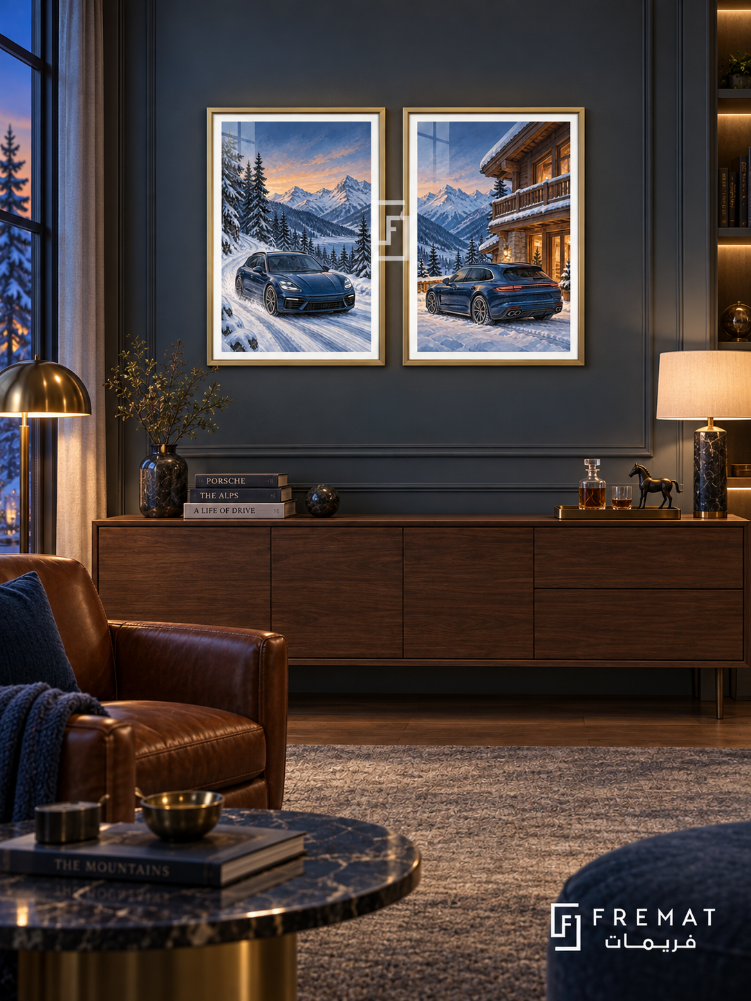 Winter Drive — set of two cars artworks in Gold frames.