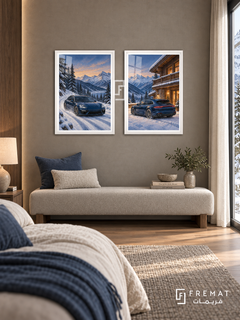 Winter Drive — set of two cars artworks in White frames.