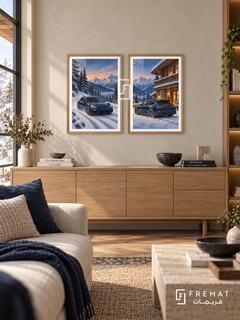 Winter Drive — set of two cars artworks in Wooden Texture frames.