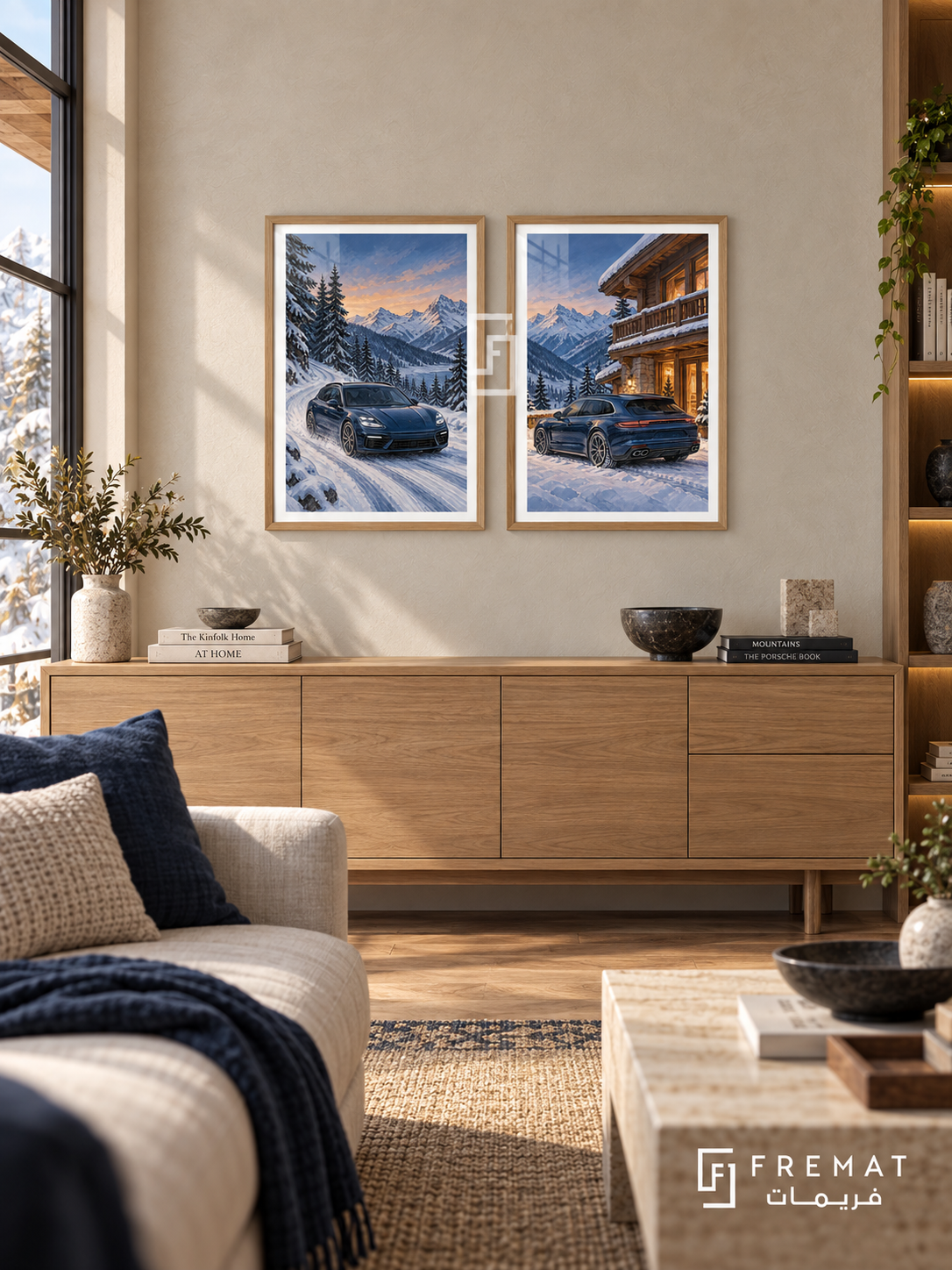 Winter Drive — set of two cars artworks in Wooden Texture frames.