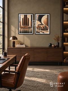 Copper Streamline — set of two cars artworks in Black frames.