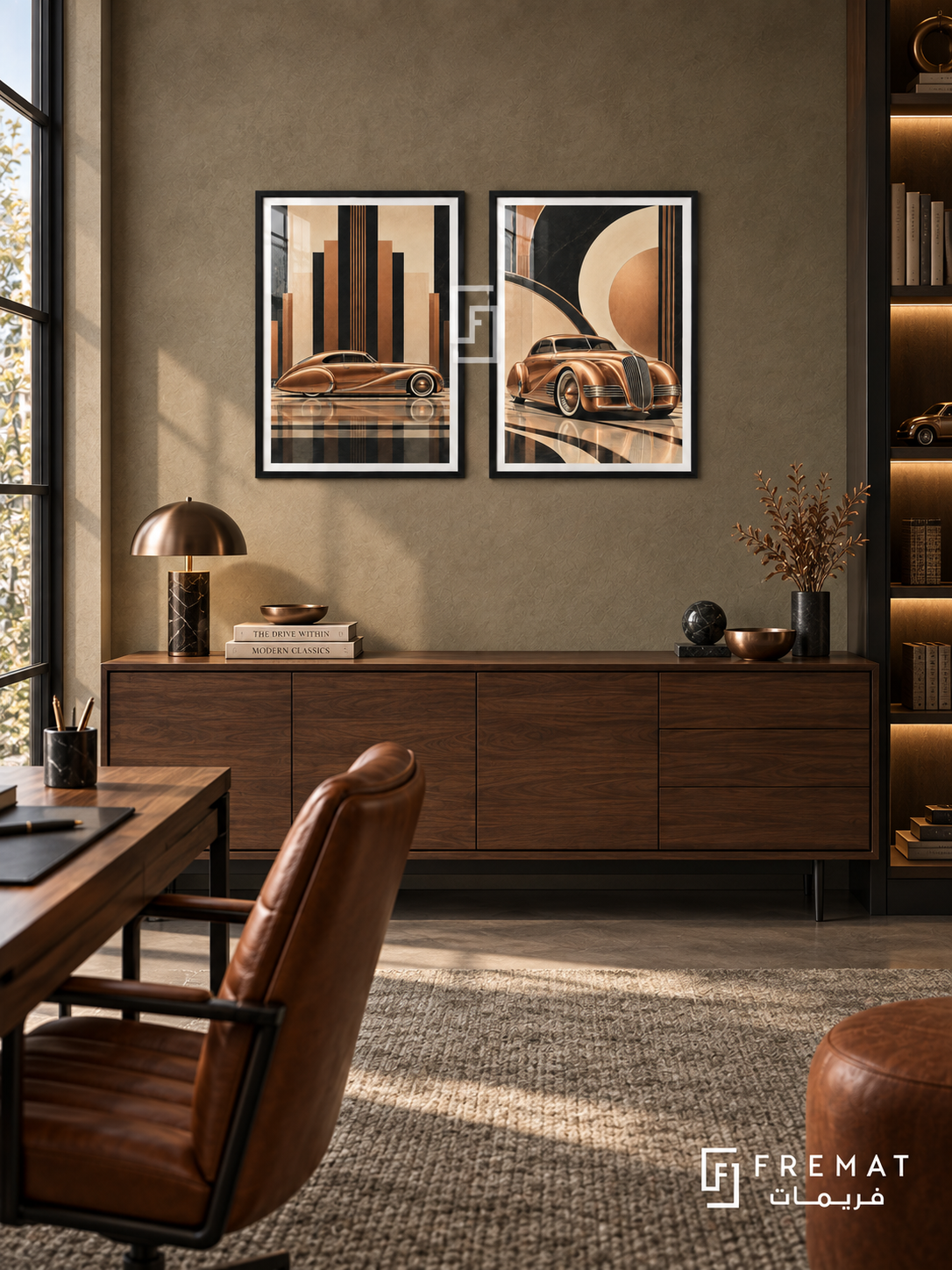 Copper Streamline — set of two cars artworks in Black frames.