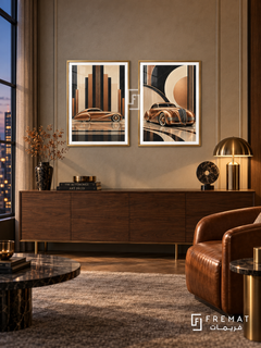 Copper Streamline — set of two cars artworks in Gold frames.