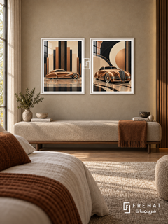 Copper Streamline — set of two cars artworks in White frames.