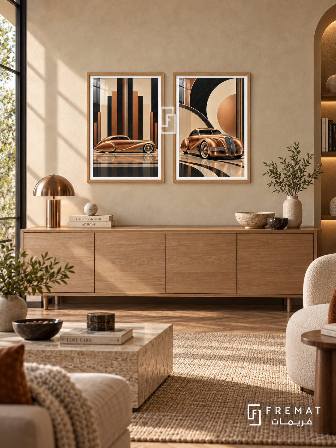 Copper Streamline — set of two cars artworks in Wooden Texture frames.