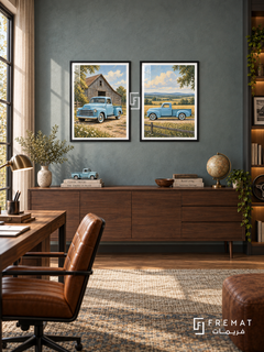 Sky Blue Classic — set of two cars artworks in Black frames.
