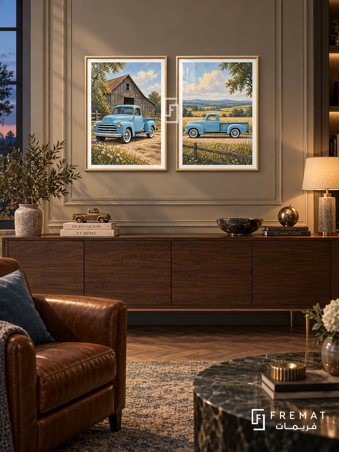 Sky Blue Classic — set of two cars artworks in Gold frames.