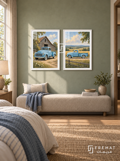 Sky Blue Classic — set of two cars artworks in White frames.