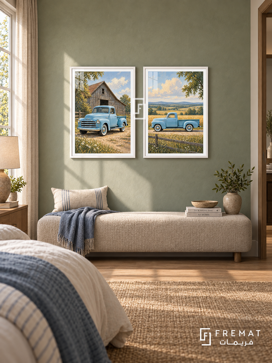 Sky Blue Classic — set of two cars artworks in White frames.