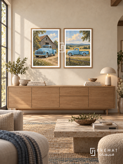 Sky Blue Classic — set of two cars artworks in Wooden Texture frames.
