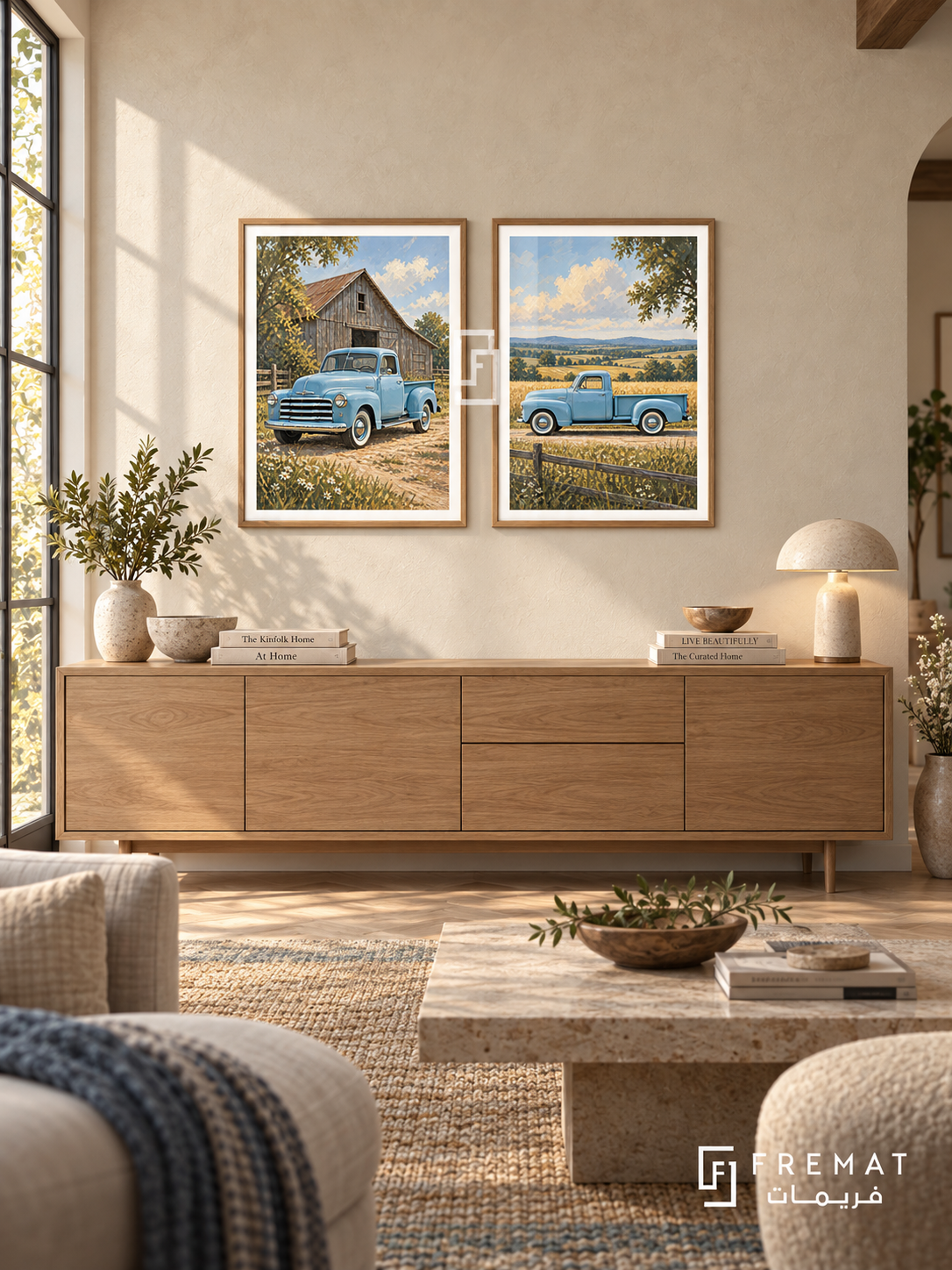 Sky Blue Classic — set of two cars artworks in Wooden Texture frames.