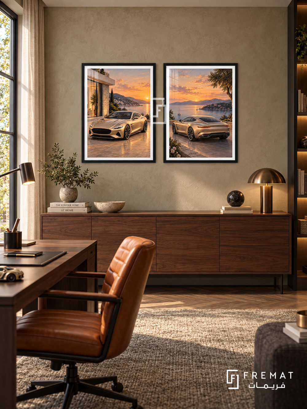 Golden Hour GT — set of two cars artworks in Black frames.