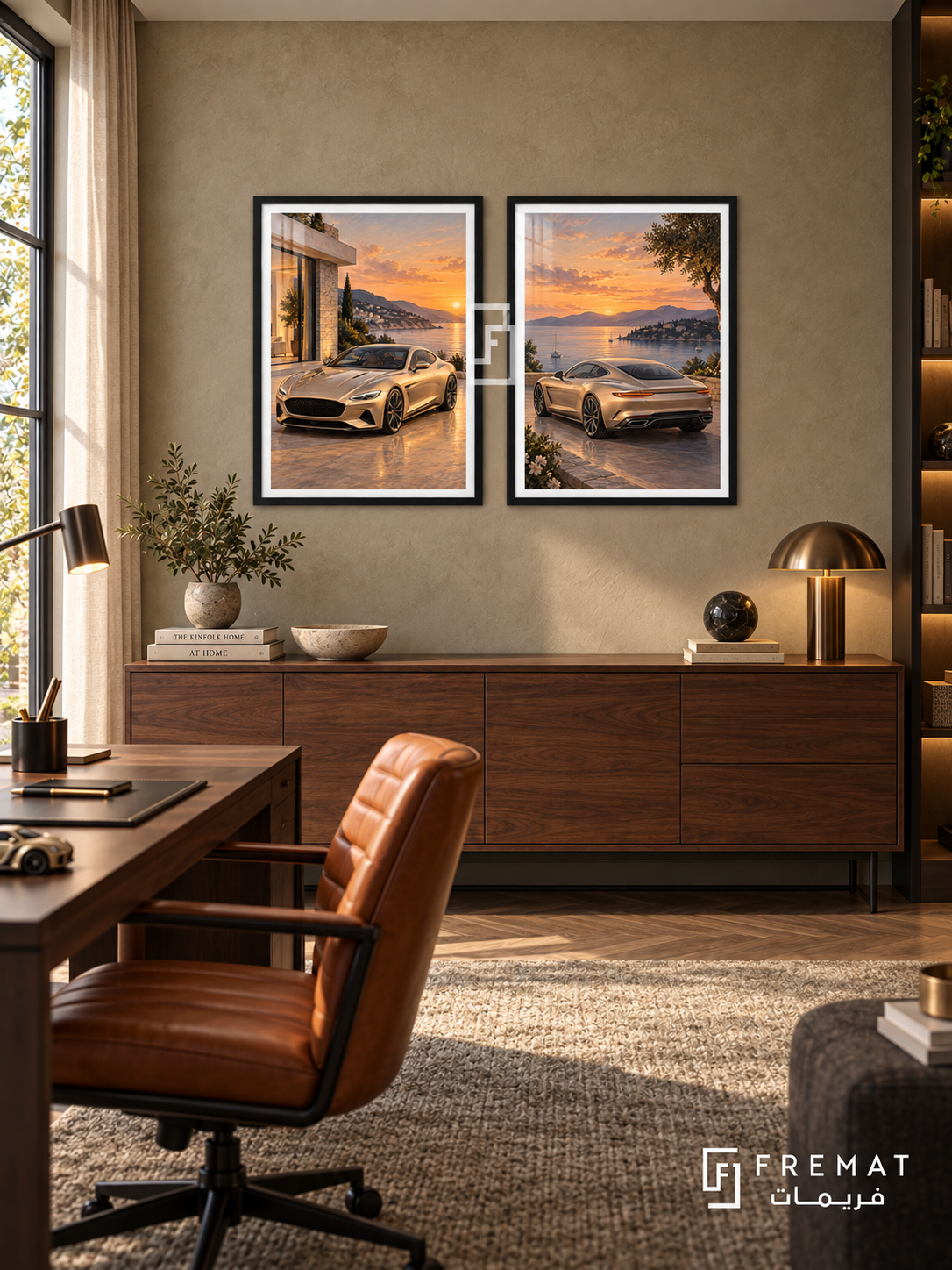 Golden Hour GT — set of two cars artworks in Black frames.