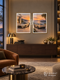 Golden Hour GT — set of two cars artworks in Gold frames.