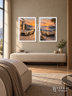 Golden Hour GT — set of two cars artworks in White frames.