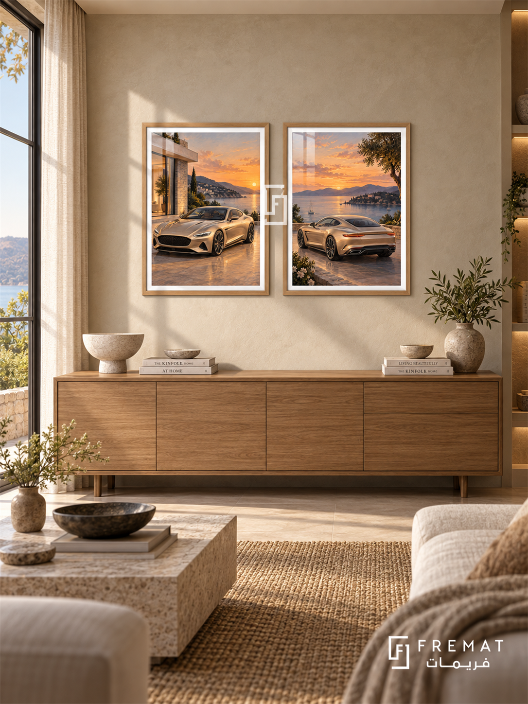 Golden Hour GT — set of two cars artworks in Wooden Texture frames.