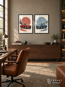 Red and Blue — set of two cars artworks in Black frames.