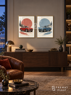 Red and Blue — set of two cars artworks in Gold frames.