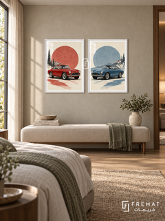 Red and Blue — set of two cars artworks in White frames.