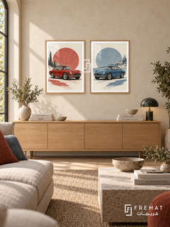 Red and Blue — set of two cars artworks in Wooden Texture frames.