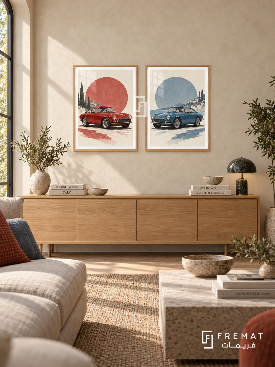 Red and Blue — set of two cars artworks in Wooden Texture frames.