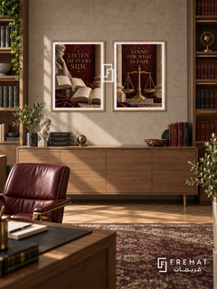 Law — set of two commercial artworks in Wooden Texture frames.