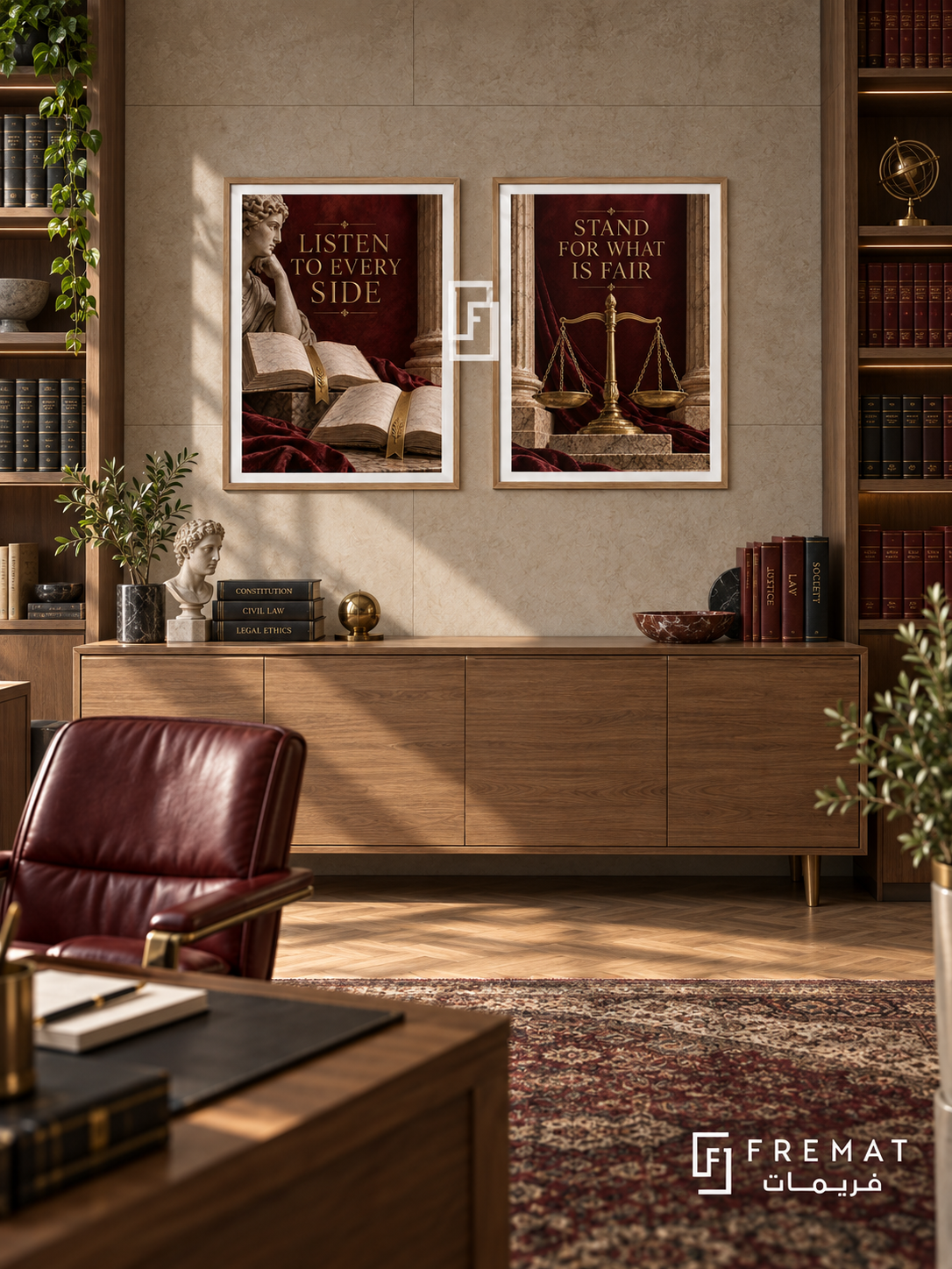 Law — set of two commercial artworks in Wooden Texture frames.