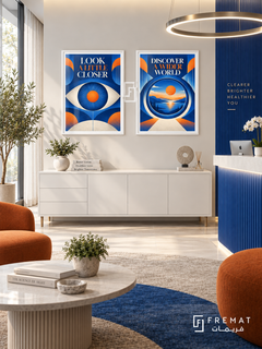 Eye Clinic — set of two commercial artworks in White frames.