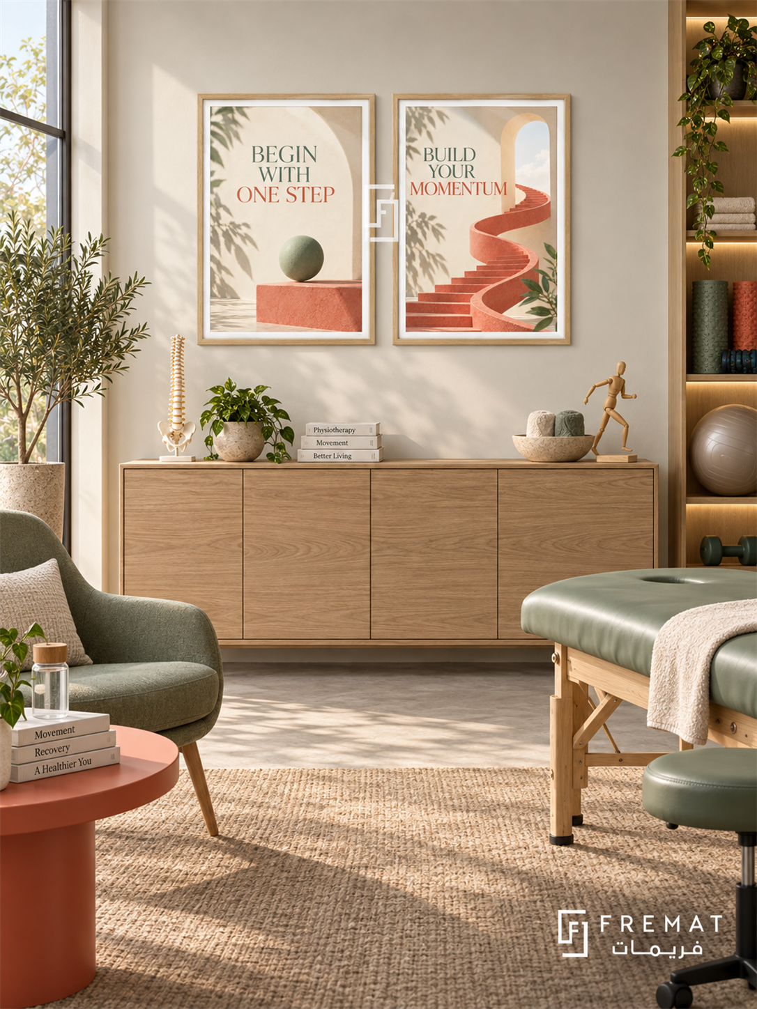 Physiotherapy — set of two commercial artworks in Wooden Texture frames.