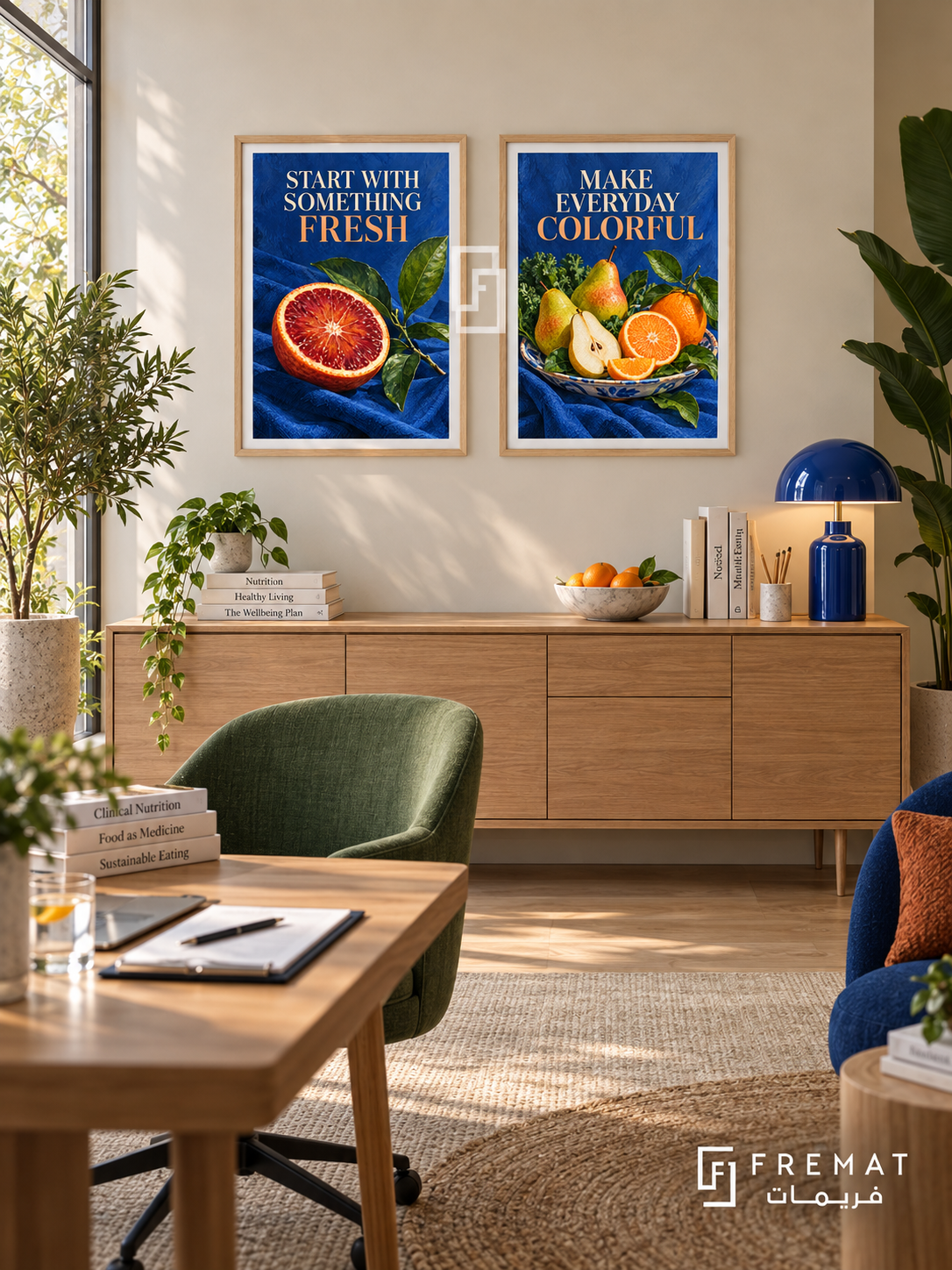 Nutrition — set of two commercial artworks in Wooden Texture frames.