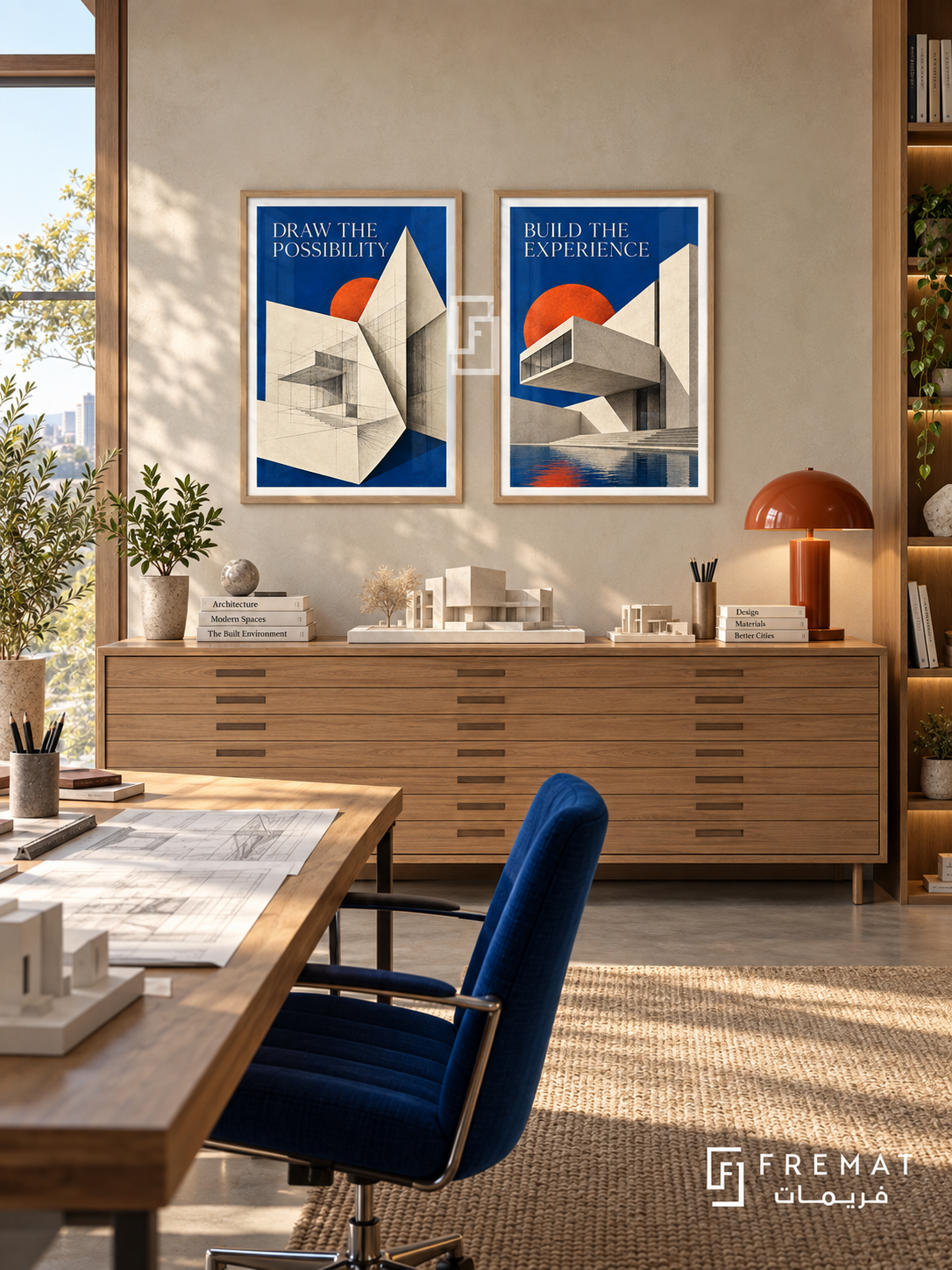 Architecture — set of two commercial artworks in Wooden Texture frames.