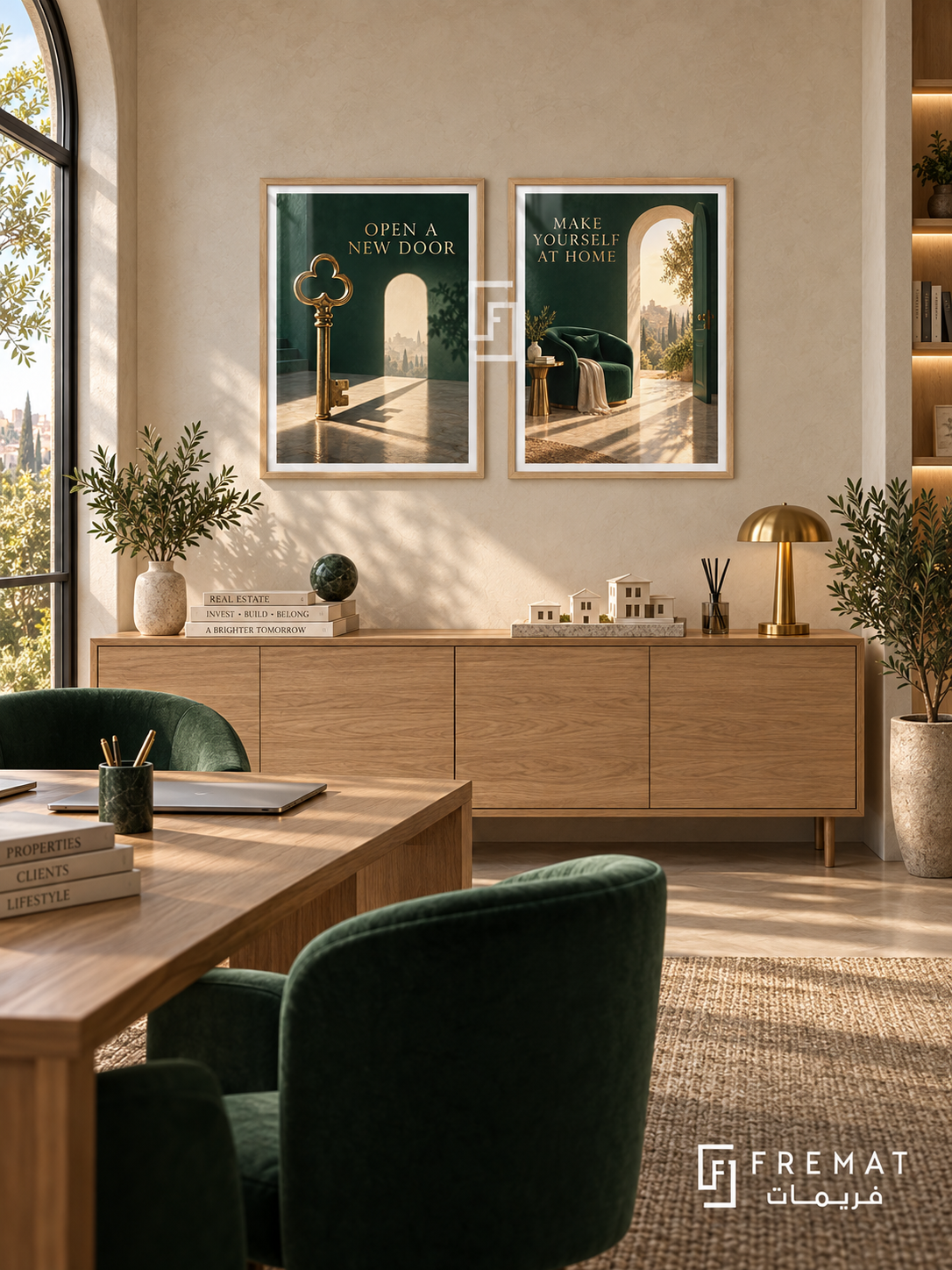 Real Estate — set of two commercial artworks in Wooden Texture frames.