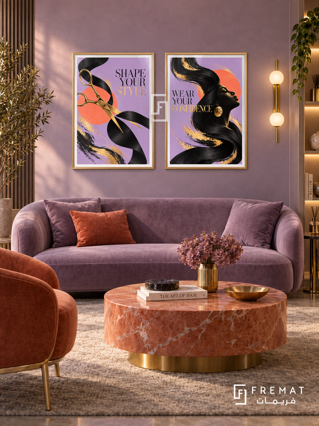 Salon — set of two commercial artworks in Gold frames.
