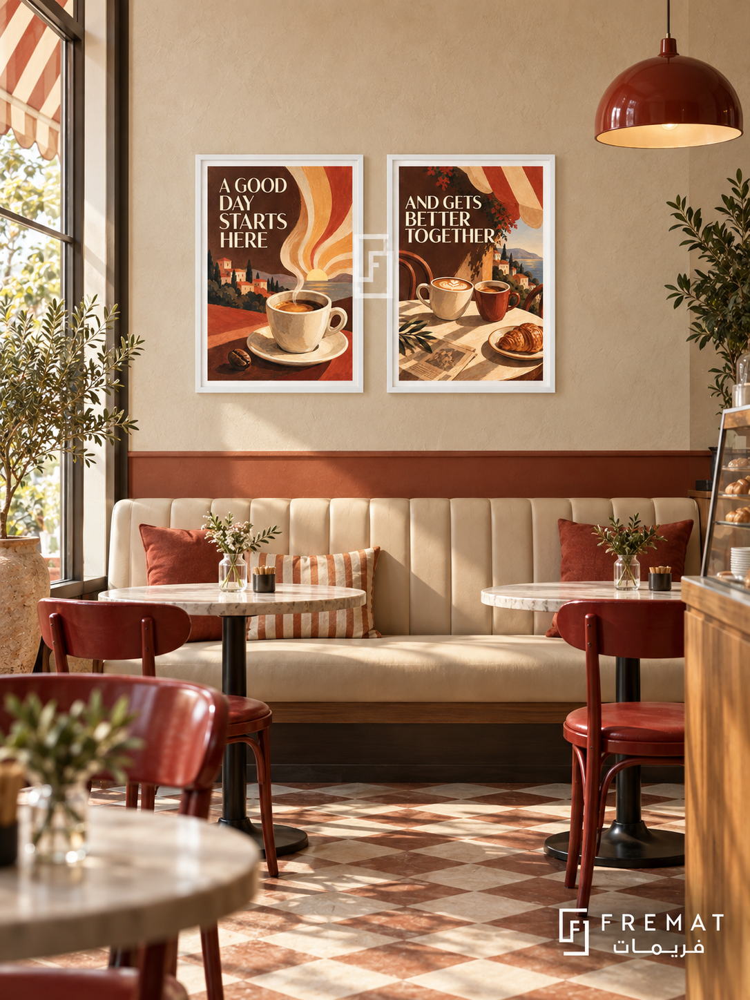 Cafe — set of two commercial artworks in White frames.