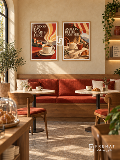 Cafe — set of two commercial artworks in Wooden Texture frames.