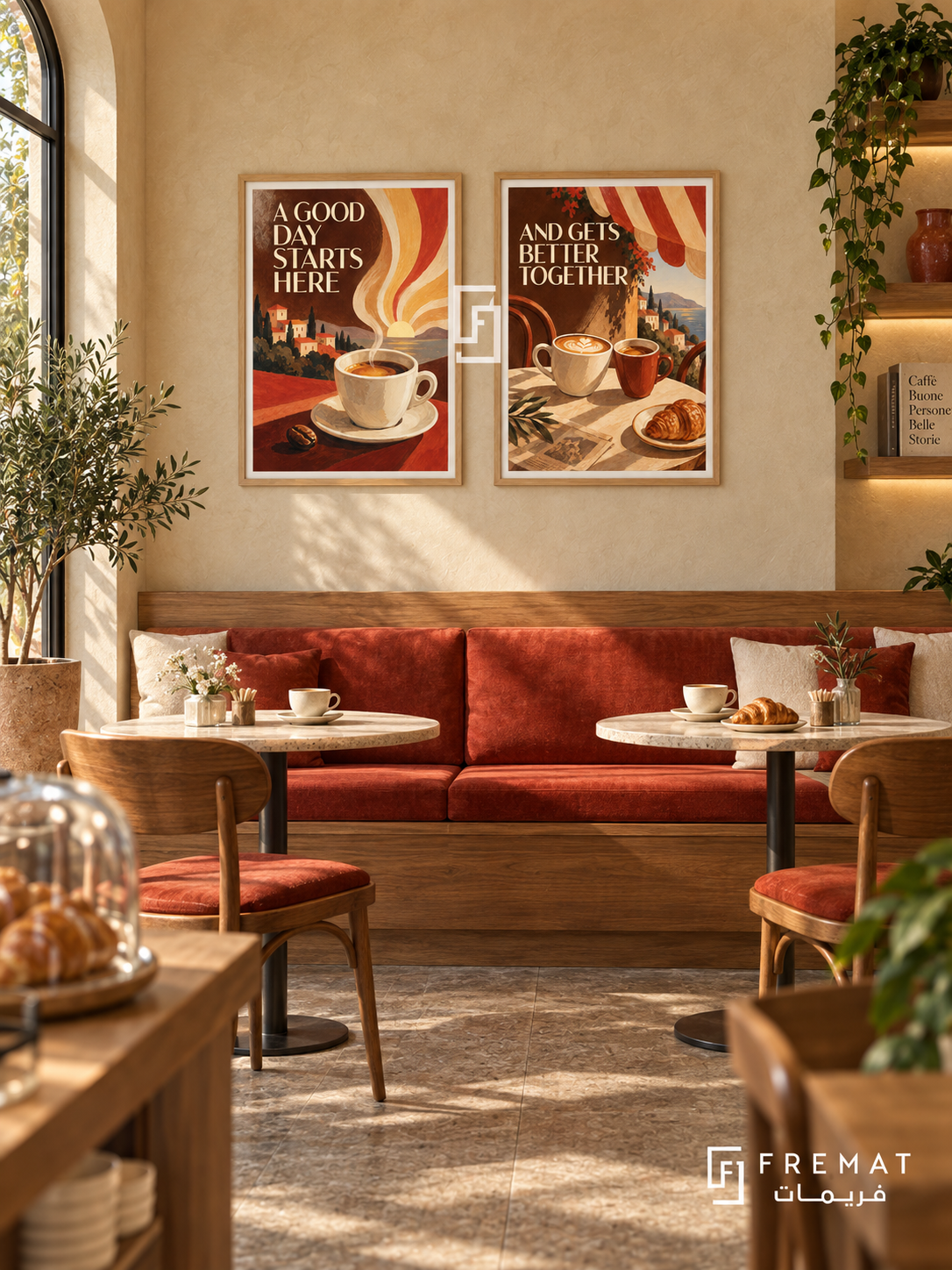 Cafe — set of two commercial artworks in Wooden Texture frames.